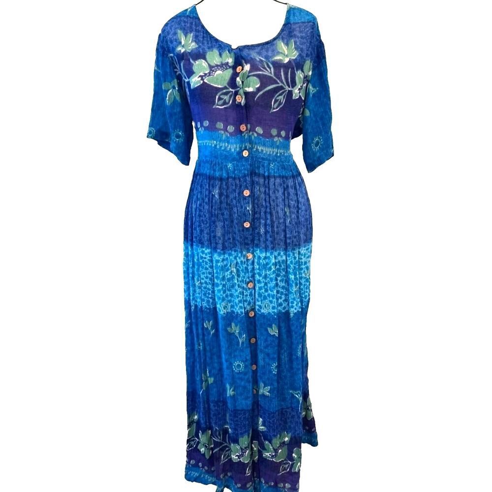 Vintage 1990s Jasmine KVM Maxi Dress Womens M Blue Batik Floral Button Front 90s